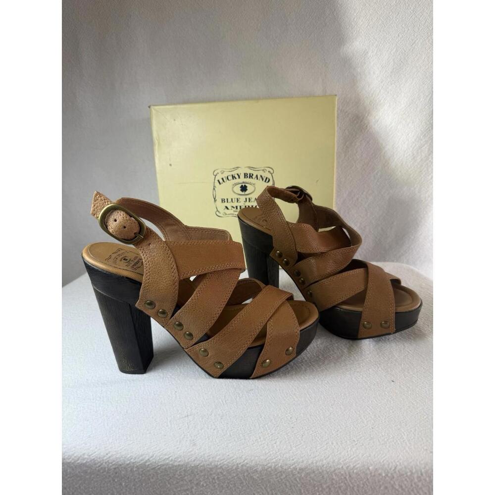 Highway Hippie Lucky Brand Leather Studded Platform  Sandals Camel Brown BOHO